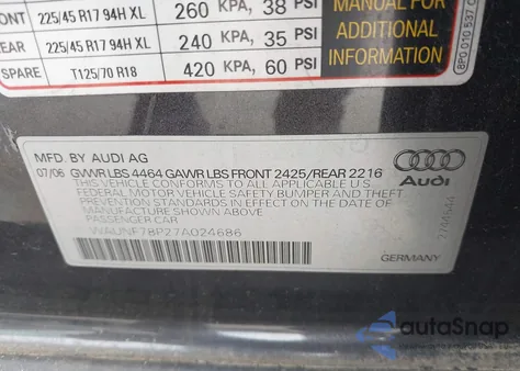 2007 Audi A3 2.0T z USA, uszkodzony, nr VIN WAUNF78P27A024686